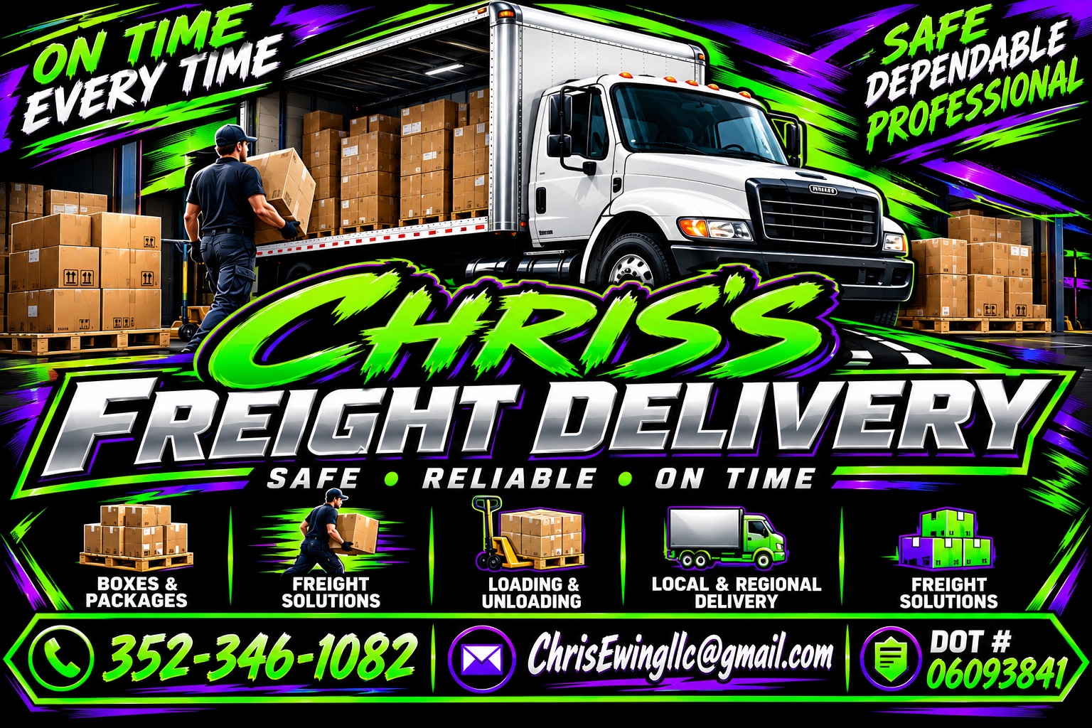 Chris's Freight Delivery business card artwork showing the black, white, neon green and fluorescent purple brand theme